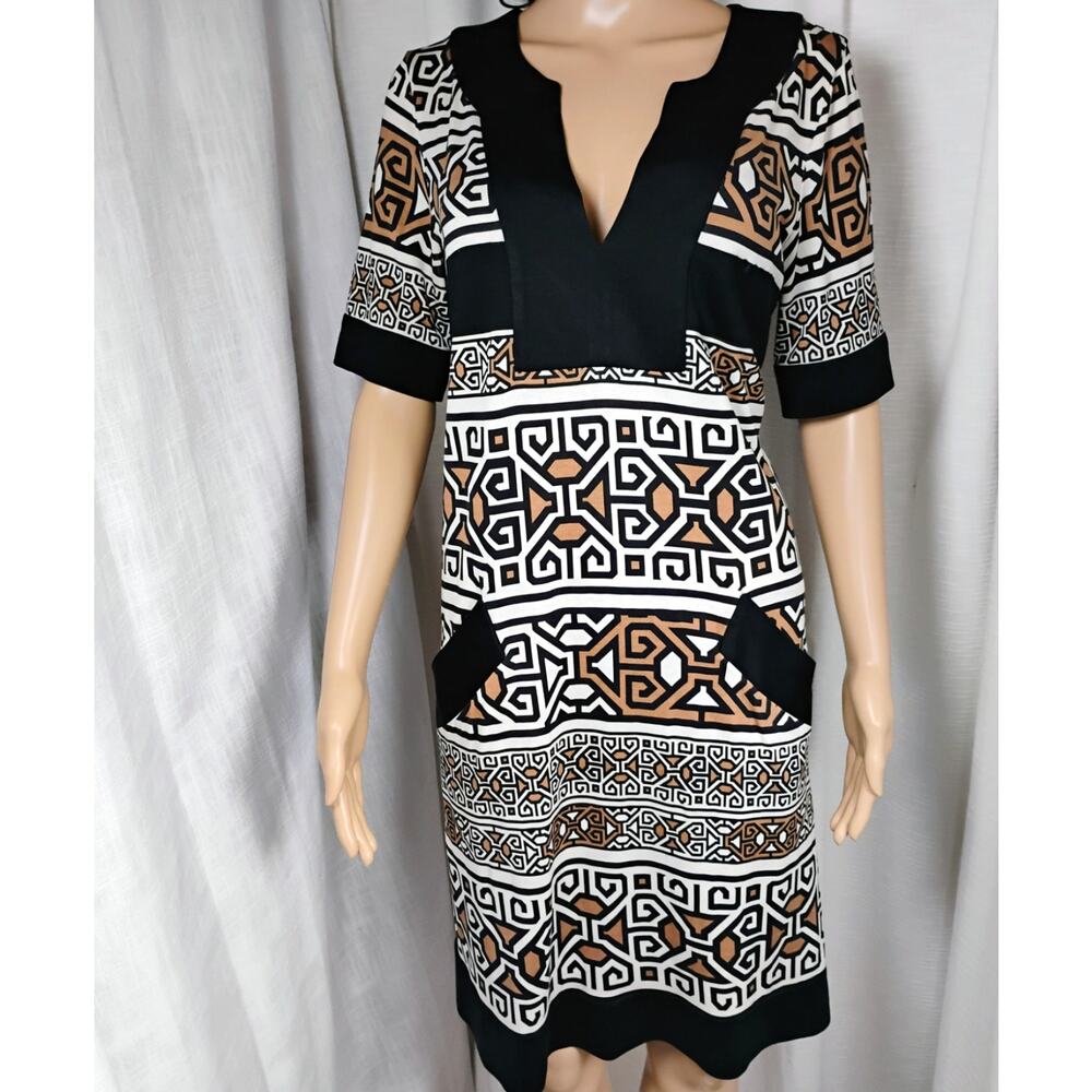 Diane Von Furstenberg Women 10 Silk Geometric Dress V Neck Short Sleeve Art Deco